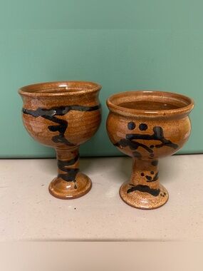 Vintage Studio Art Pottery Goblets Brown Black Stoneware Chalice Set of 2